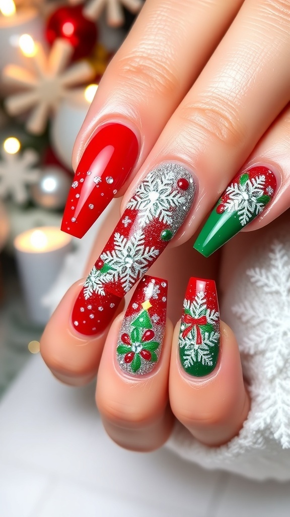 A collection of XL Christmas nail art designs with red, green, and glittery accents, showcasing festive patterns.